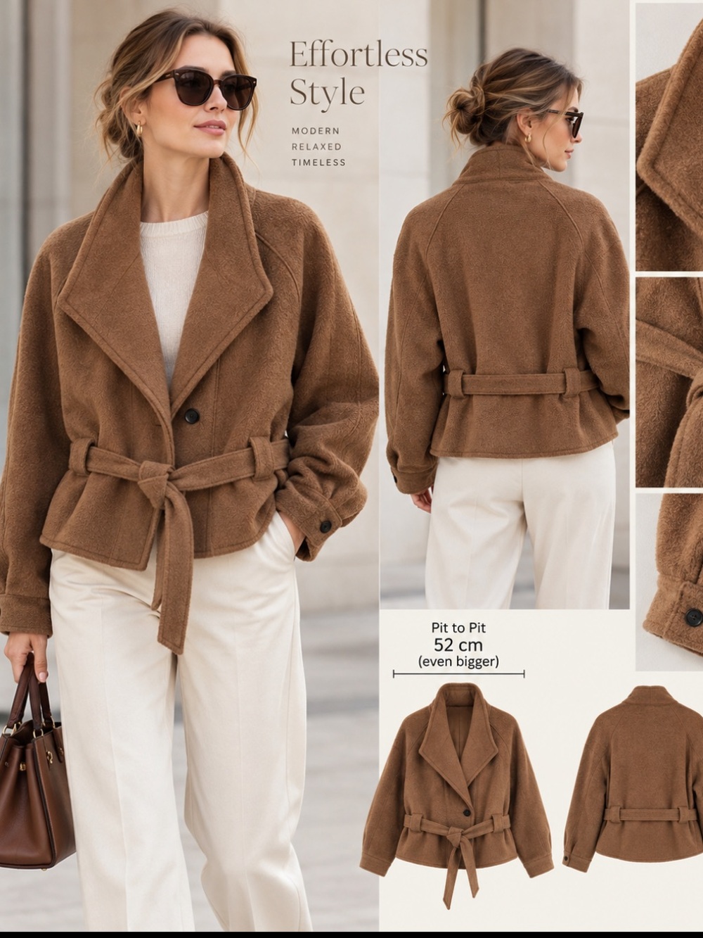 Cozy Belted Teddy Jacket in Brown M